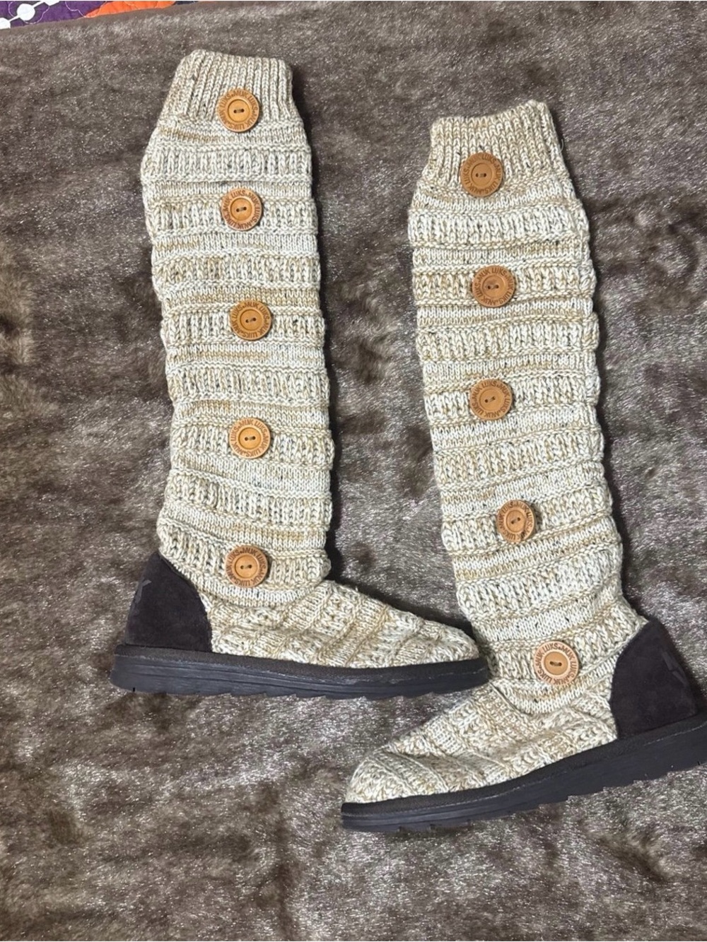 Knee-High Knit Button Boot Slippers in Heathered Cream
